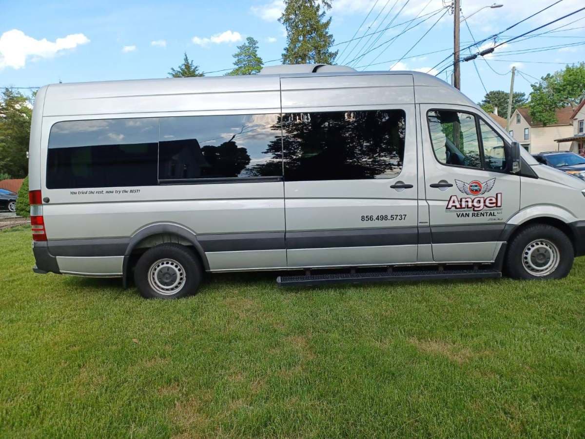 Gray Mercedes Sprinter parked on a lawn under trees
